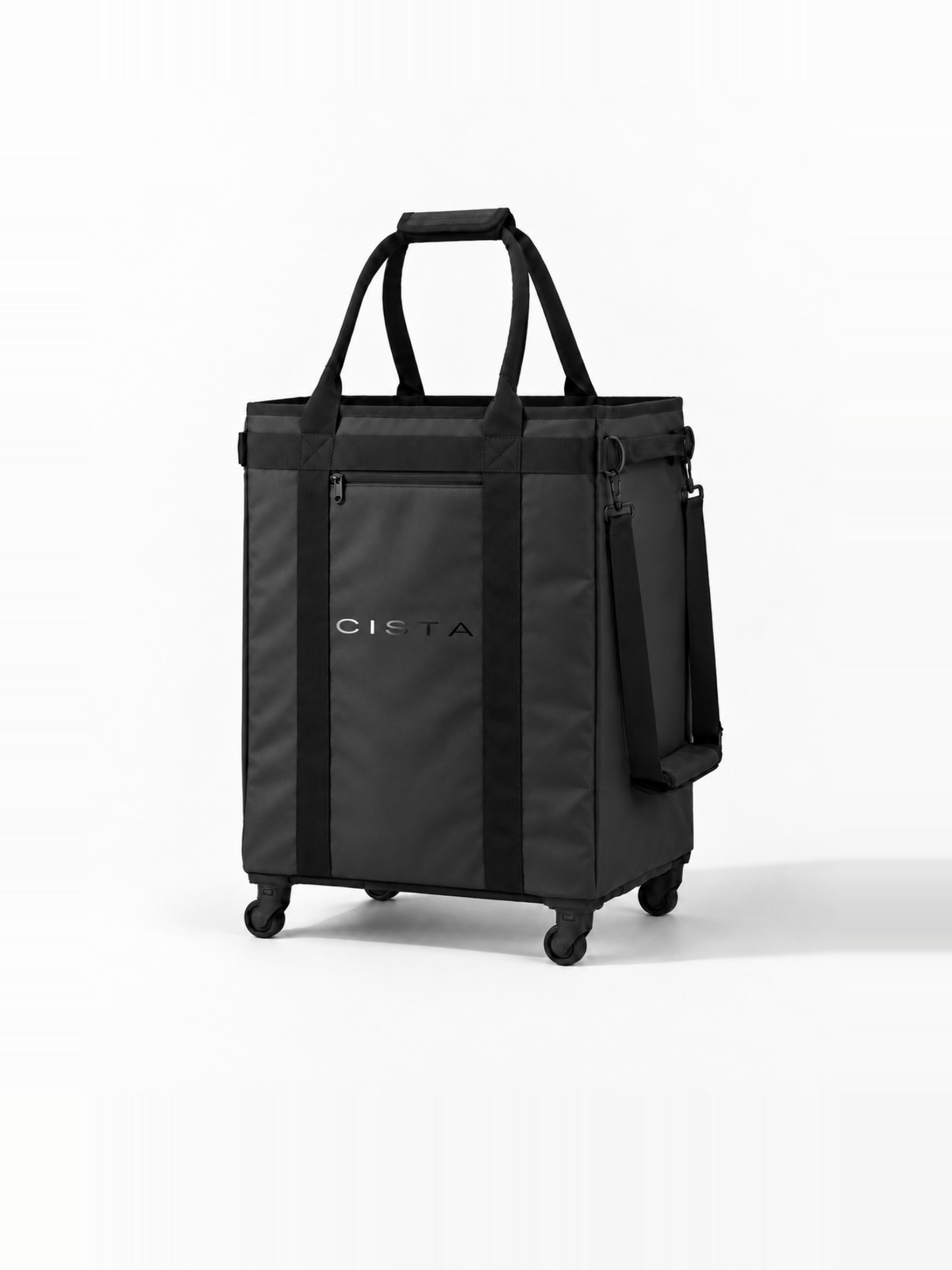 Black CISTA 120L wheeled tote in a three-quarter view, showing its front and side.