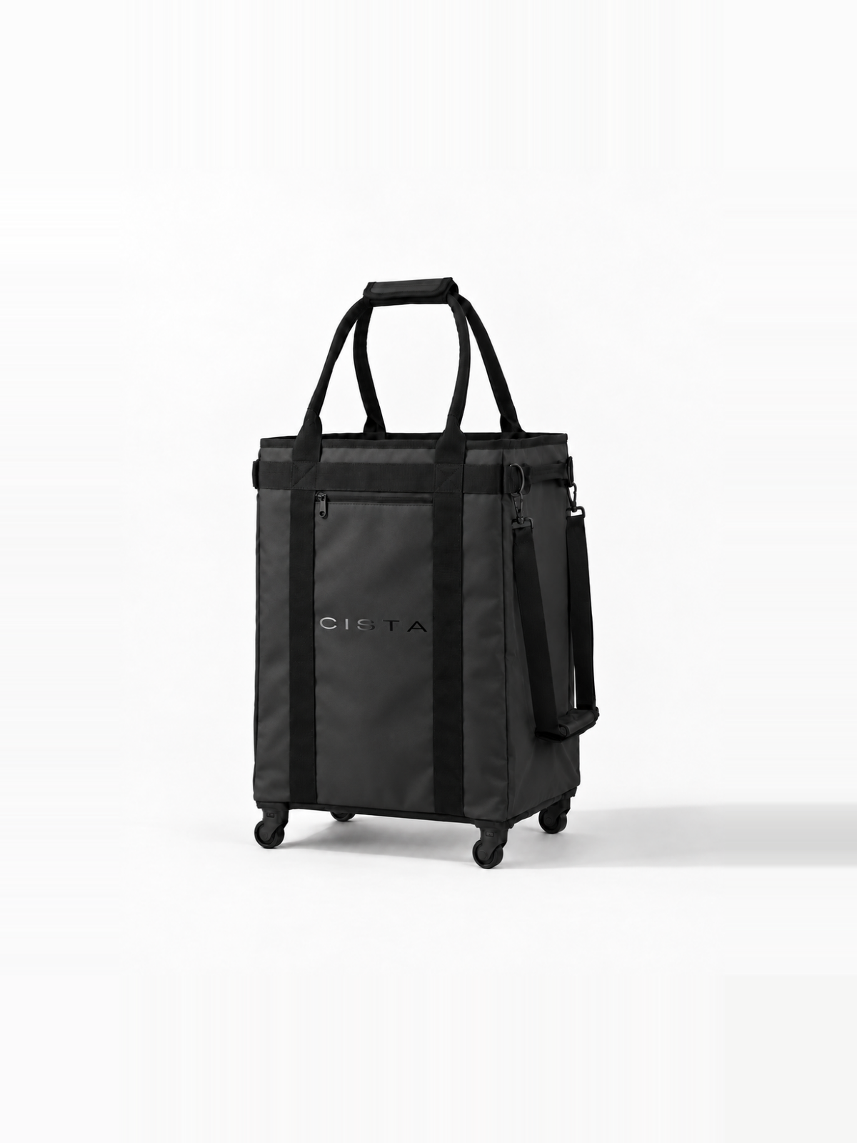 Black CISTA 60L wheeled tote in a three-quarter view, showing its front and side.