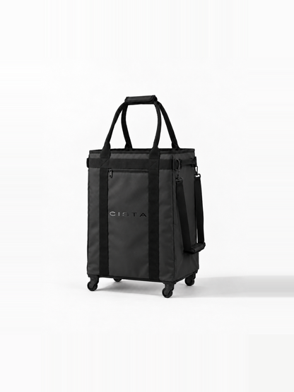 Black CISTA 60L wheeled tote in a three-quarter view, showing its front and side.