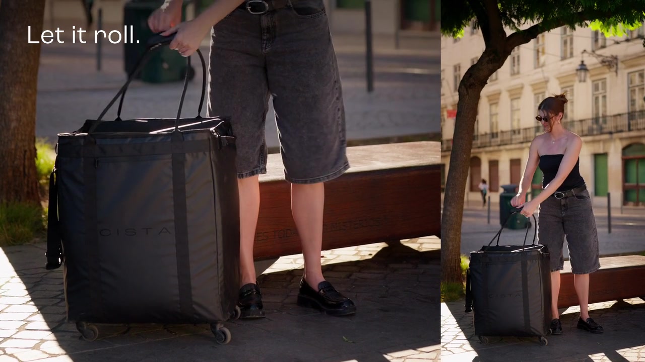 CISTA rolling tote in everyday use, from packing to moving through the city.